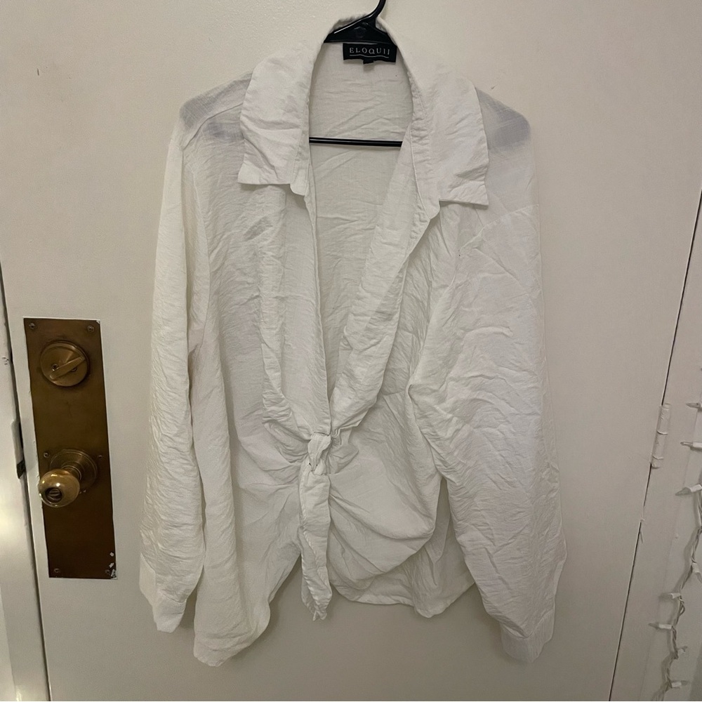 Eloquii Crisp White Button-Cuff and Tie Front Blouse